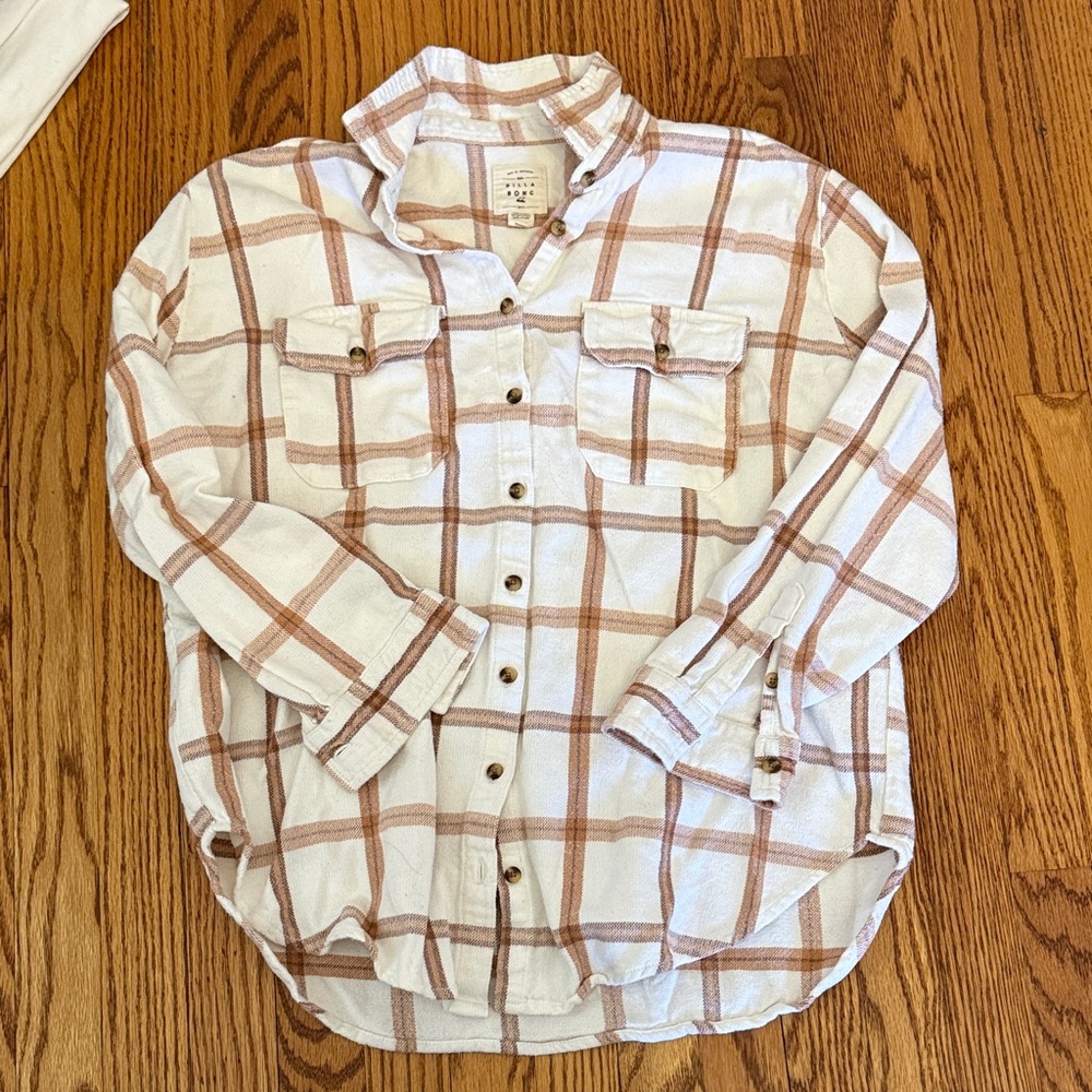 Billabong Cream and Brown Plaid Flannel